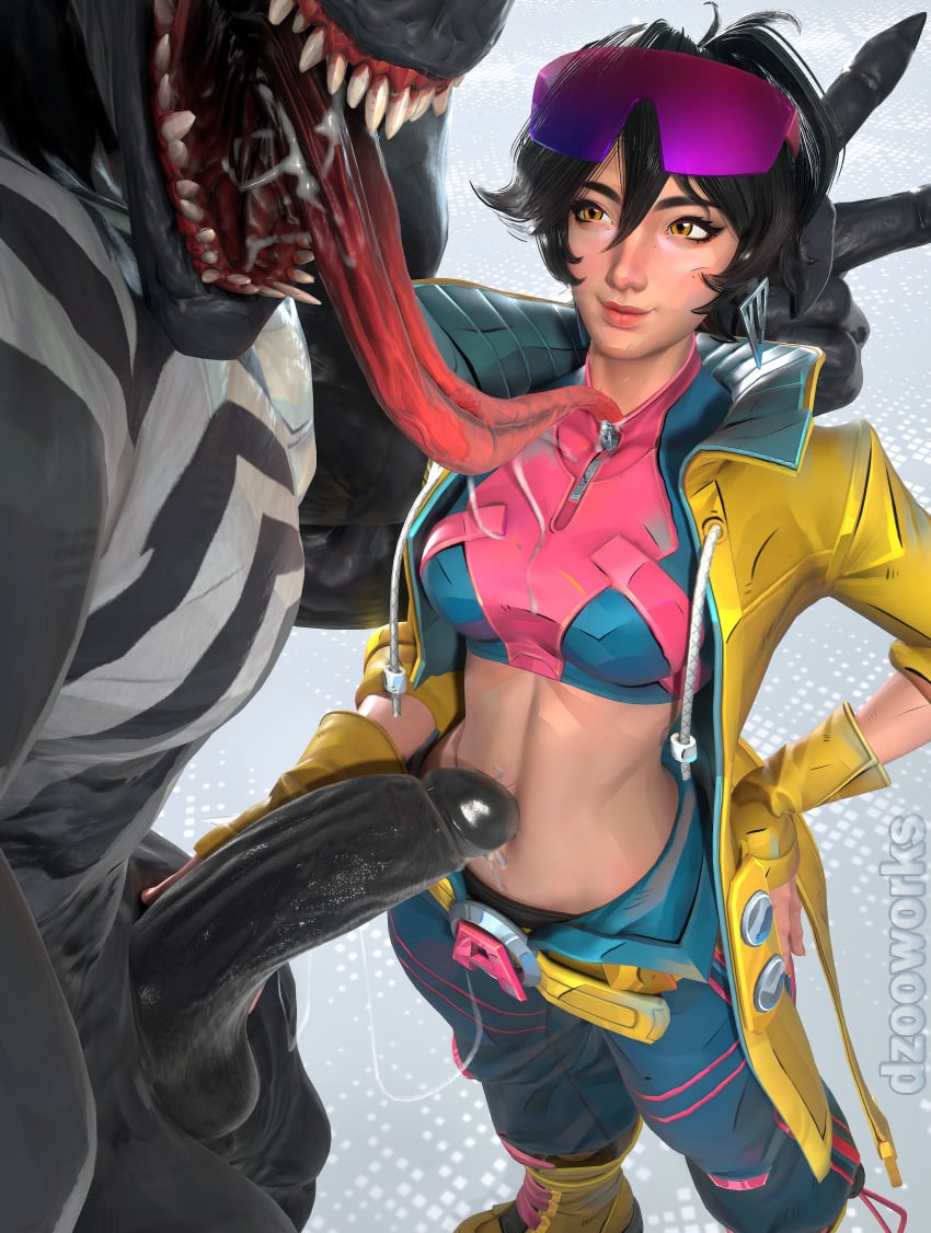 1boy 1boy1girl 1girls 3d 4k areolae black_hair breasts dzooworks female highres jubilation_lee jubilee jubilee_(marvel_rivals) light-skinned_female light_skin marvel marvel_comics marvel_rivals size_difference straight venom_(marvel) venom_(marvel_rivals) video_games watermark