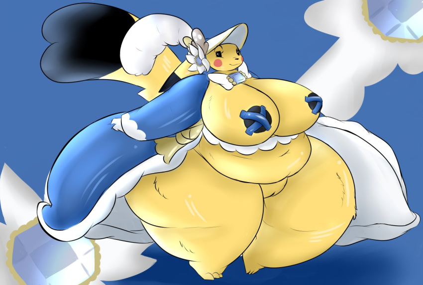 1girls 3_toes anthro areola areolae belly big_breasts big_tail black_eyes blue_background breasts chubby clothing cosplay_pikachu covered_nipples dress feet female female_only flower furry half-closed_eyes hat huge_ass huge_breasts hyper hyper_ass hyper_breasts long_ears looking_at_viewer morbidly_obese mostly_nude navel nintendo obese overweight pasties paws pikachu pikachu_belle pokémon_(species) pokemon pokemon_rgby pussy rakashama smile solo standing tail tape thick_thighs video_games wide_hips