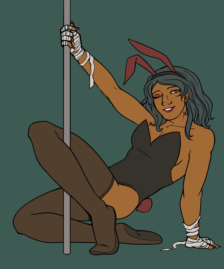bandages bunny_costume bunny_ears bunny_tail bunnysuit danganronpa danganronpa_v3 danganronpa_v3:_killing_harmony feminine_male korekiyo_shinguji long_hair looking_at_viewer makeup nail_polish painted_nails pole pole_dancing red_lipstick serfuzzy shinguji_korekiyo thighhighs wink yellow_eyes
