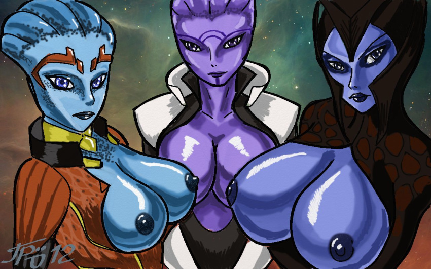 2012 2d 2d_(artwork) 3girls alien alien_girl areolae aria_t'loak asari big_breasts blue_skin breasts breasts_out clothed female_only grriva huge_breasts large_breasts looking_at_viewer mass_effect mass_effect_2 matriarch_benezia multiple_girls nipples purple_skin samara standing text