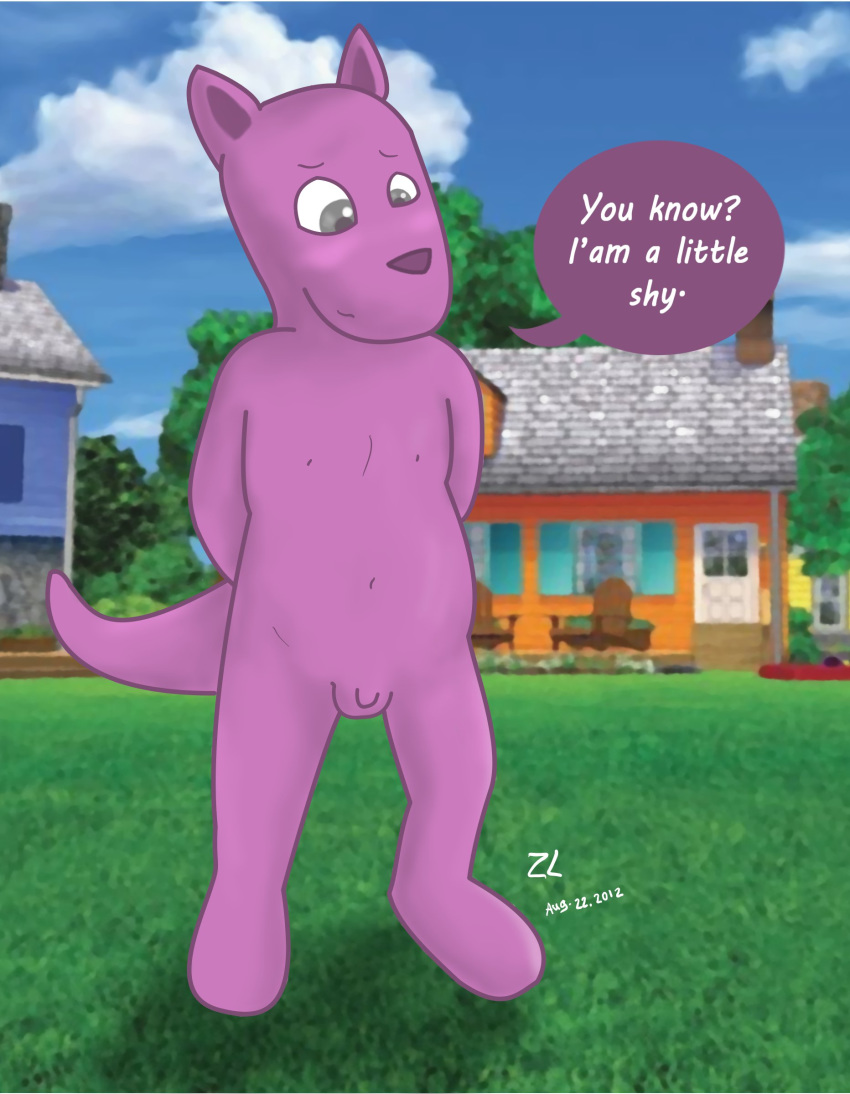 anthro anthro_only austin_(backyardigans) backyardigans color colored english english_text hands_behind_back kangaroo male male_only naked naked_male nick_jr nickelodeon no_sex nude nude_male outdoors outside purple_fur purple_skin solo solo_anthro solo_male speech_bubble tagme text white_text young younger_anthro younger_male zekromlover