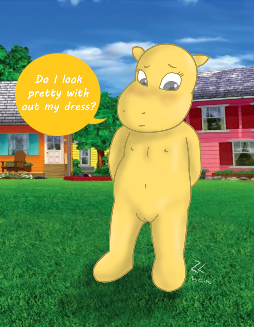 anthro anthro_only backyardigans color colored english english_text female female_only hands_behind_back naked naked_female nick_jr nickelodeon no_sex nude nude_female outdoors outside solo solo_anthro solo_female speech_bubble tagme tasha_(backyardigans) text vulva white_text yellow_skin young younger_anthro younger_female zekromlover