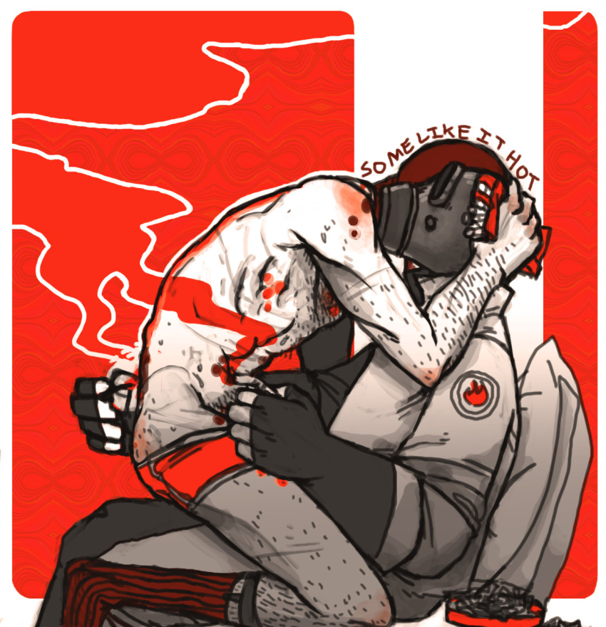 2boys blood body_hair burning clothed_male_nude_male deers gas_mask gay gay_domination gloves male male_focus male_only masochism pyro pyro_(team_fortress_2) sitting sitting_on_lap sock_garters socks spy spy_(team_fortress_2) tagme team_fortress_2