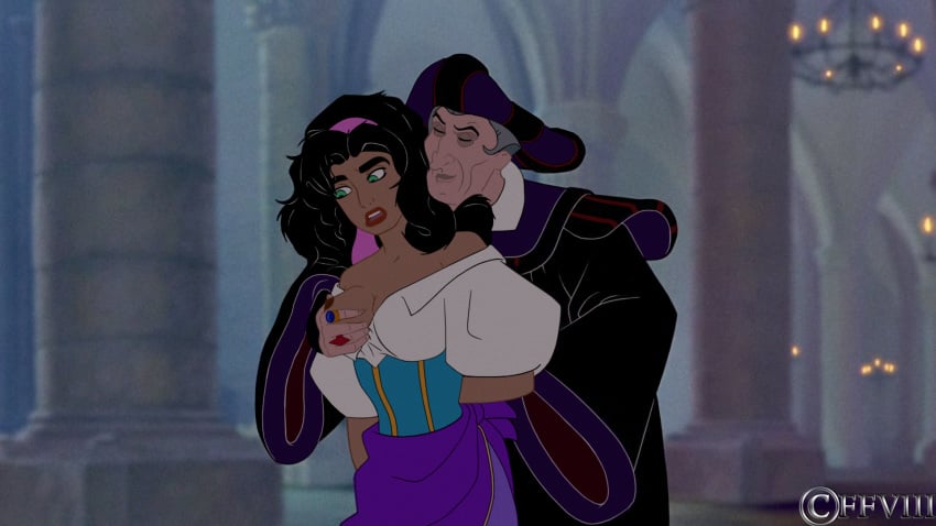 1boy 1girls breast_grab breast_squeeze breasts breasts_out clothed dark-skinned_female dark_skin disney edit esmeralda female forced green_eyes imminent_rape imminent_sex interracial judge_claude_frollo the_hunchback_of_notre_dame