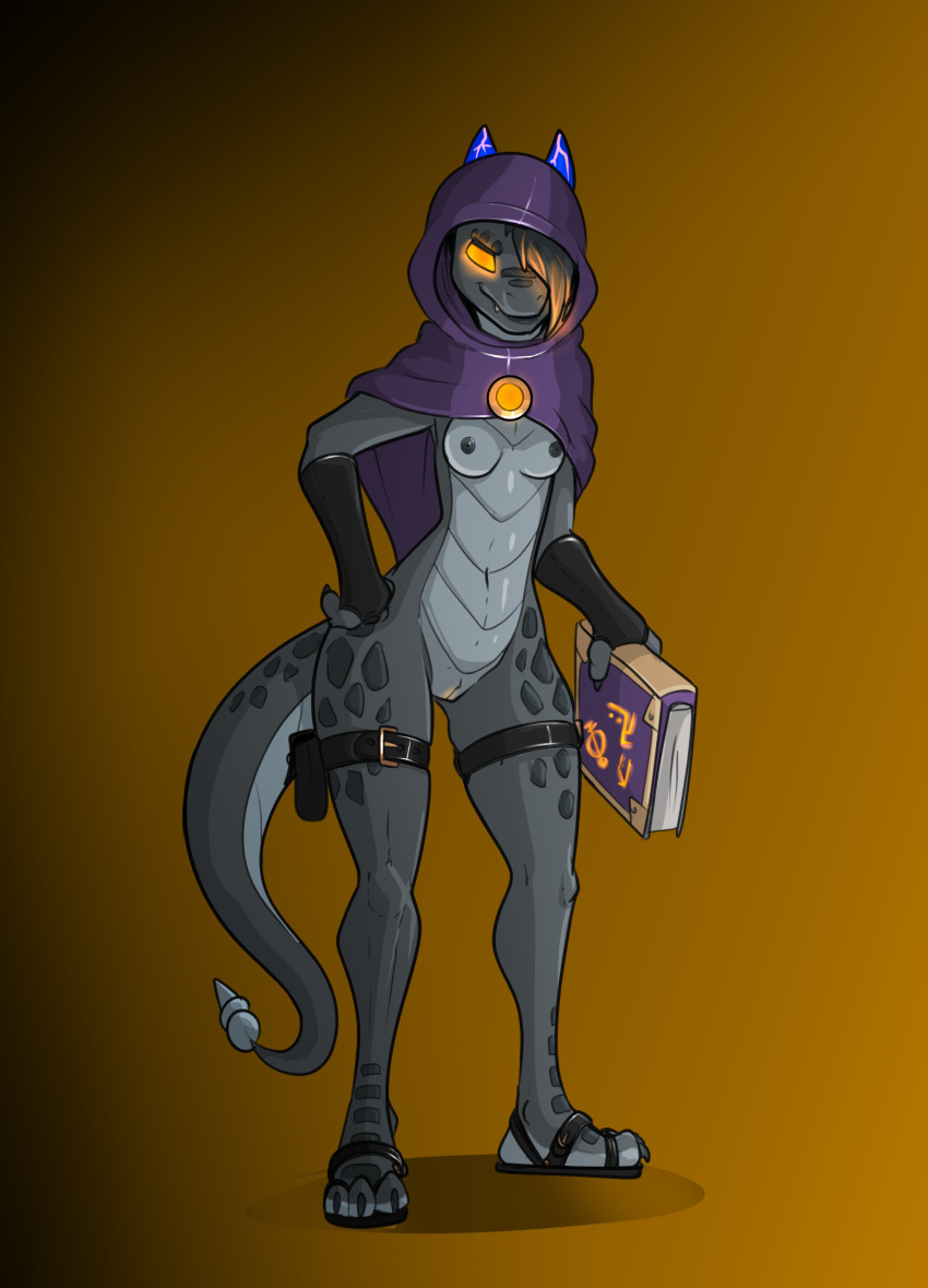 absurd_res anthro bastiel clothing dragon female footwear genitals glowing glowing_eyes glowing_genitalia grey_body grey_scales hi_res hooded_cloak horn oblique_(character) purple_horn sandals scales solo thigh_belt tome