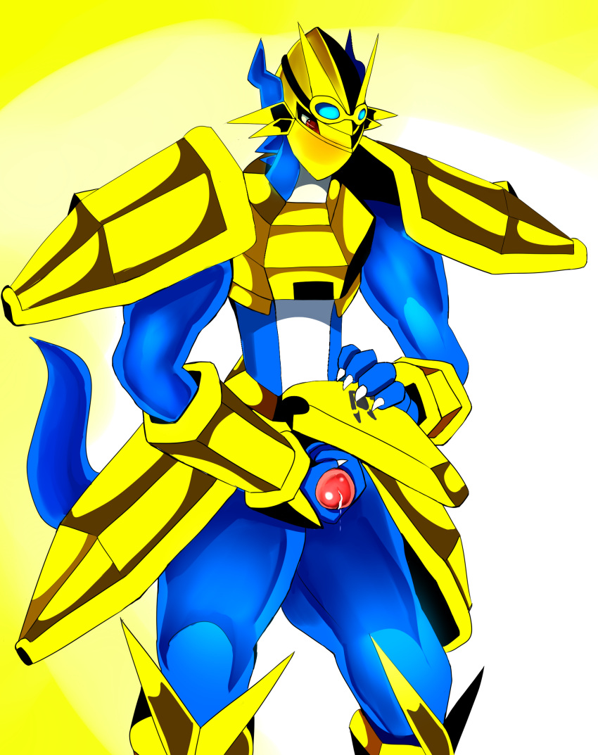 1boy anthro armor blue_skin claws crest_of_miracles crests_(digimon) cum cum_on_penis cum_string digimon digimon_(species) dragon erection grasp half_nude high_resolution lizard looking_down magnamon male male_only masturbation penis penis_grab plain_background precum raised_arm red_eyes red_penis red_skin reptile royal_knights scalie shadow shiny skin solo squint standing white_background white_skin yellow_background zexreo92