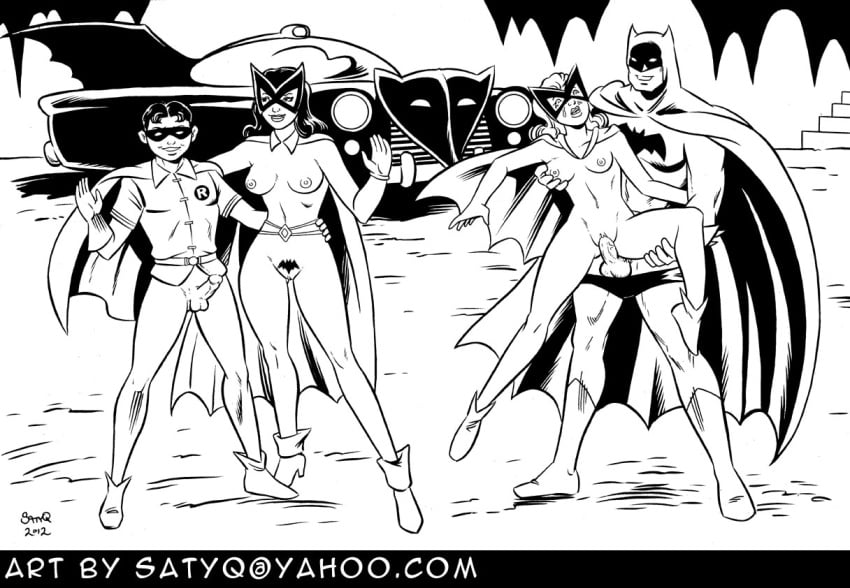 2012 bat-girl batman batman_(series) batwoman betty_kane black_and_white bruce_wayne clothing dc dc_comics dick_grayson kathy_kane male male/female pubic_hair robin_(dc) robin_(dick_grayson) satyq straight