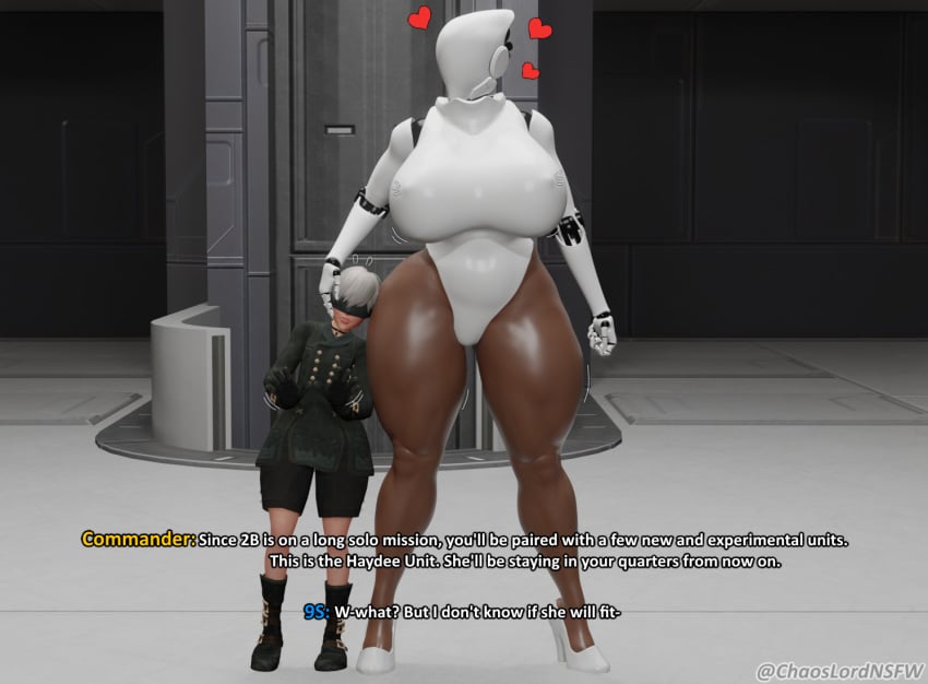 3d 3d_(artwork) 9s_(nier:automata) android big_ass big_breasts blender blender_(software) chaoslord floating_heart haydee haydee_(game) head_against_thigh huge_ass huge_breasts nier:_automata robot_boy robot_girl shorter_male size_difference tagme taller_female text thick thick_thighs voluptuous_female white_hair wide_hips yorha_9s