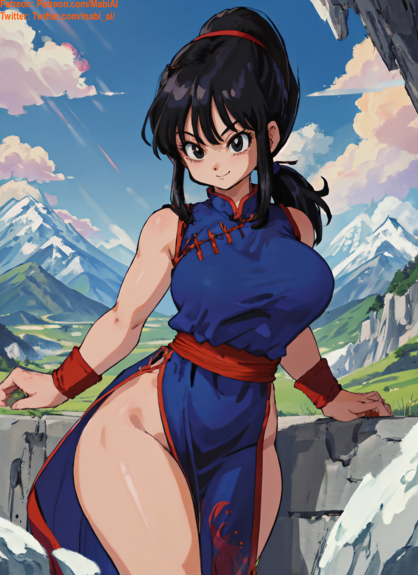 1girls ai_generated bangs big_breasts black_eyes black_hair chichi china_dress chinese_clothes dragon_ball hi_res large_breasts mabi_ai muscular muscular_female pelvic_curtain ponytail thick_thighs wide_hips