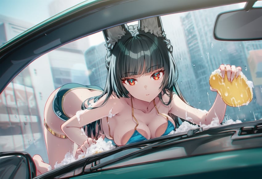 ai_generated bikini_top black_hair car carwash cleaning_tool curvy_body curvy_female curvy_figure hoshimi_miyabi neutral_expression raaicave shorts windshield_breast_press wolf_ears zenless_zone_zero
