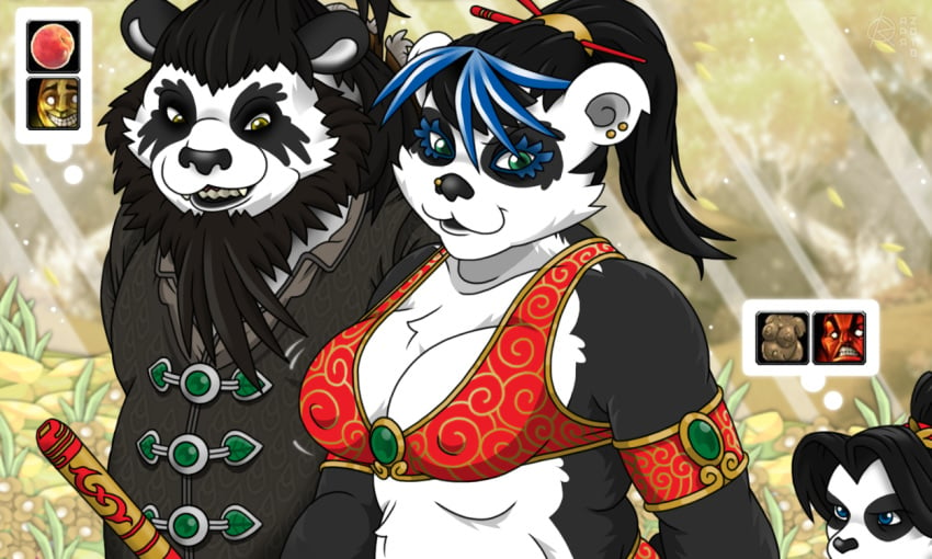 1boy 1girls 2018 ambiguous_gender angry_face animal_ears animal_nose anthro anthro_only armband arms artist_logo artist_signature background bare_midriff bare_shoulders bear beard belly_tuft big_breasts black_fur black_hair black_lips black_nose blizzard_entertainment blue_eyeliner blue_eyes blue_hair blurry_background bouncing_breasts breast_envy breast_focus breasts busty butterfly_hair_ornament chen_stormstout chest_tuft chopsticks chubby clavicle cleavage clothed clothed_female clothed_male color colored colored_background colored_eyelashes curvaceous curvy dark_hair detailed_background digital_media_(artwork) distracted earrings erect_nipples erect_nipples_under_clothes eyes facial_markings fat fat_folds fat_fur female female_focus fine_art_parody furry furry_only gold_eyes green_eyes hair_between_eyes hair_ornament happy_face holding_object holding_staff holding_weapon jada_lightning jiggling large_breasts li_li_stormstout lips looking_at_another looking_at_breasts looking_back looking_down male midriff monk_(warcraft) mostly_nude mouth multicolored_hair nipple_bulge nipples nose_piercing outdoors overweight overweight_female overweight_male panda pandaren pandaren_female pandaren_male peach_(fruit) phallic_symbol plump plump_lips ponytail ragnar_oktopod round_ears screencap_background sharp_teeth shoulders showing_off skimpy_clothes smile smirk staff staring_at_breasts thought_bubble tight_clothing topknot uncensored venus_of_willendorf video_games voluptuous warcraft white_fur woman_of_willendorf world_of_warcraft