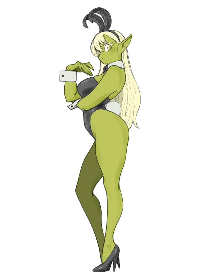 absurdres ass blonde_hair colored_skin female female_goblin goblin green_skin high_heels highres leotard monster_girl playboy_bunny single_fang teeth toshinoshin toshinoshin00 yellow_eyes