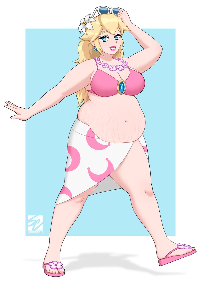 1girls bbw bikini cleavage female female_only huge_breasts large_breasts mario_(series) overweight overweight_female princess_peach solo solo_female squishcomplex stretch_marks weight_gain