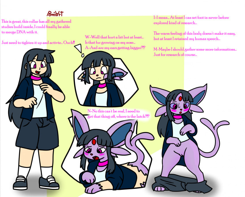 2024 artist_logo artist_name biped blush bottomless bottomwear bottomwear_around_legs clothed clothing clothing_around_legs collar colored dialogue eeveelution english_text espeon exclamation_point female feral footwear forehead_gem forked_tail front_view frown fully_clothed fur fur_growth gem generation_2_pokemon genitals growth hi_res human human_to_feral human_to_pokemon logo looking_down_at_self mammal nintendo on_hind_legs open_mouth open_smile pants pants_around_legs paws pokemon pokemon_(species) pomiart purple_blush purple_body purple_eyes purple_fur purple_sclera pussy quadruped shirt shoes shorts shrinking size_transformation smile solo species_transformation spread_legs spreading standing tail text three-quarter_view topwear transformation transformation_sequence unusual_anatomy unusual_tail