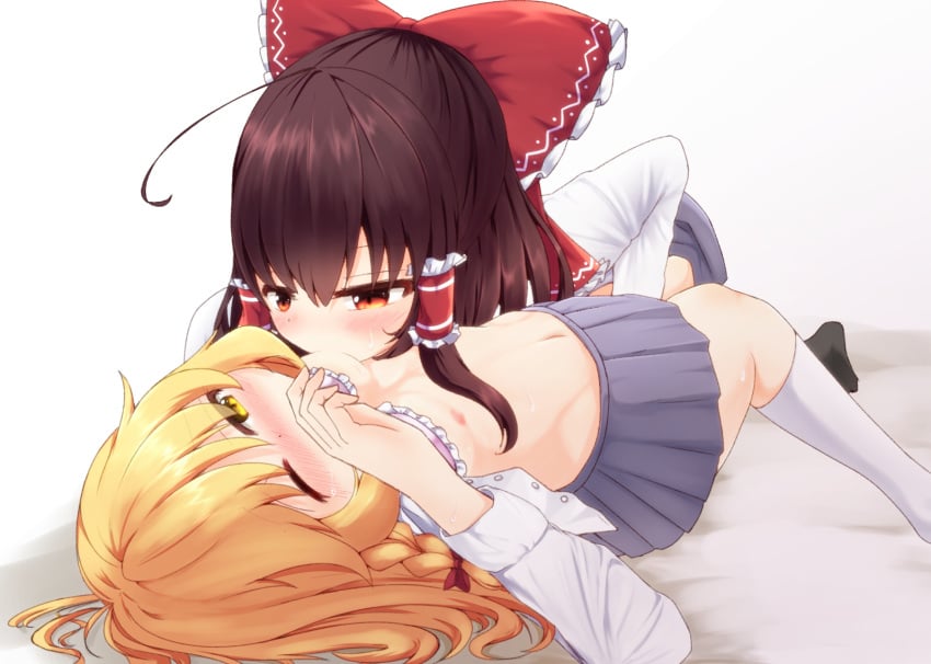 2girls black_hair black_legwear blonde_hair blush bow bra braid breast_sucking breasts covering_mouth fingering hair_tubes hairbow large_bow long_hair long_sleeves marisa_kirisame miniskirt multiple_girls navel nipples open_clothes open_shirt pink_bra rankasei red_eyes reimu_hakurei school_uniform side_braid single_braid skinny skirt small_breasts socks toned touhou underwear white_legwear yellow_eyes yuri