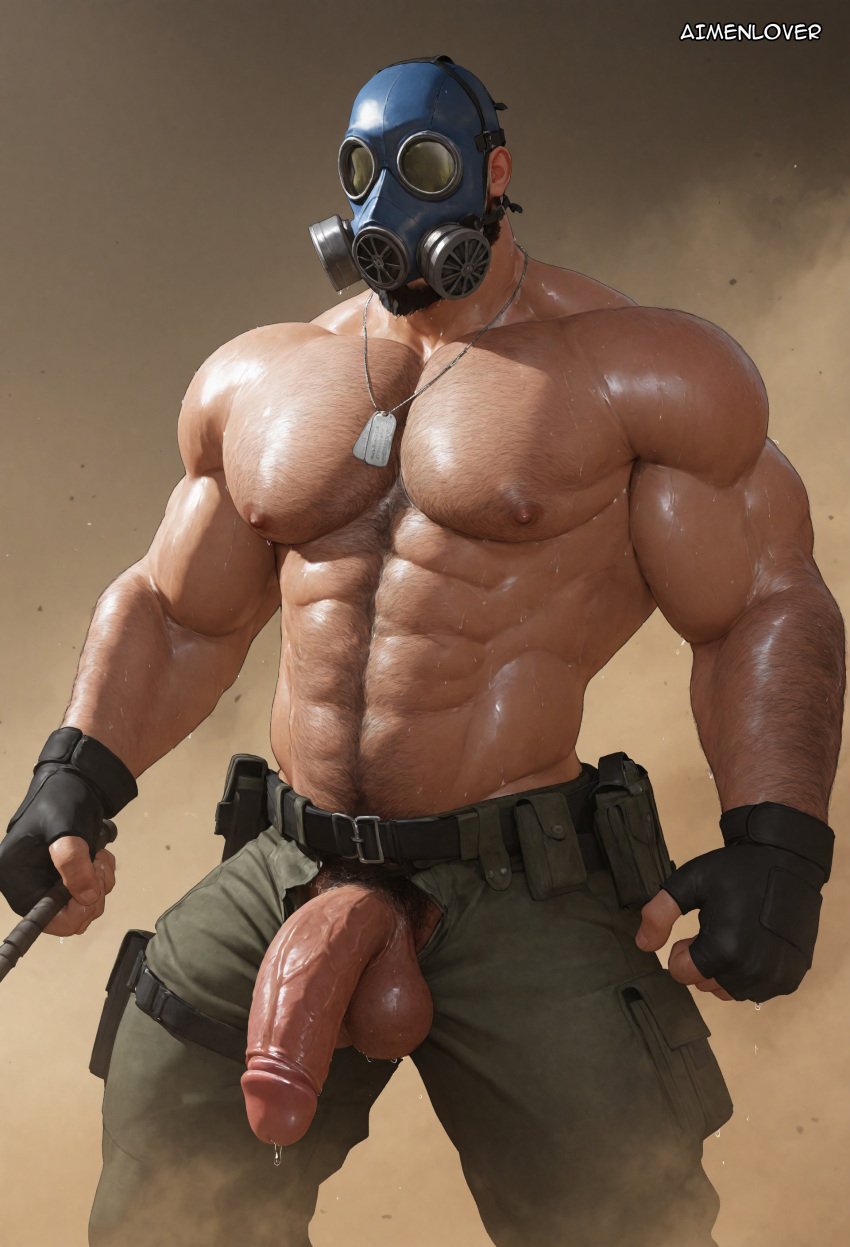 absurdly_muscular ai_generated aimenlover balls bara black_gloves desert_setting dog_tags dust erect_penis full_nude gas_mask gloves hairy_body hairy_chest implied_combat male male_focus military_pants muscular open_pants penis pubic_hair sand solo standing sweat tactical_belt testicles weapon wet_skin