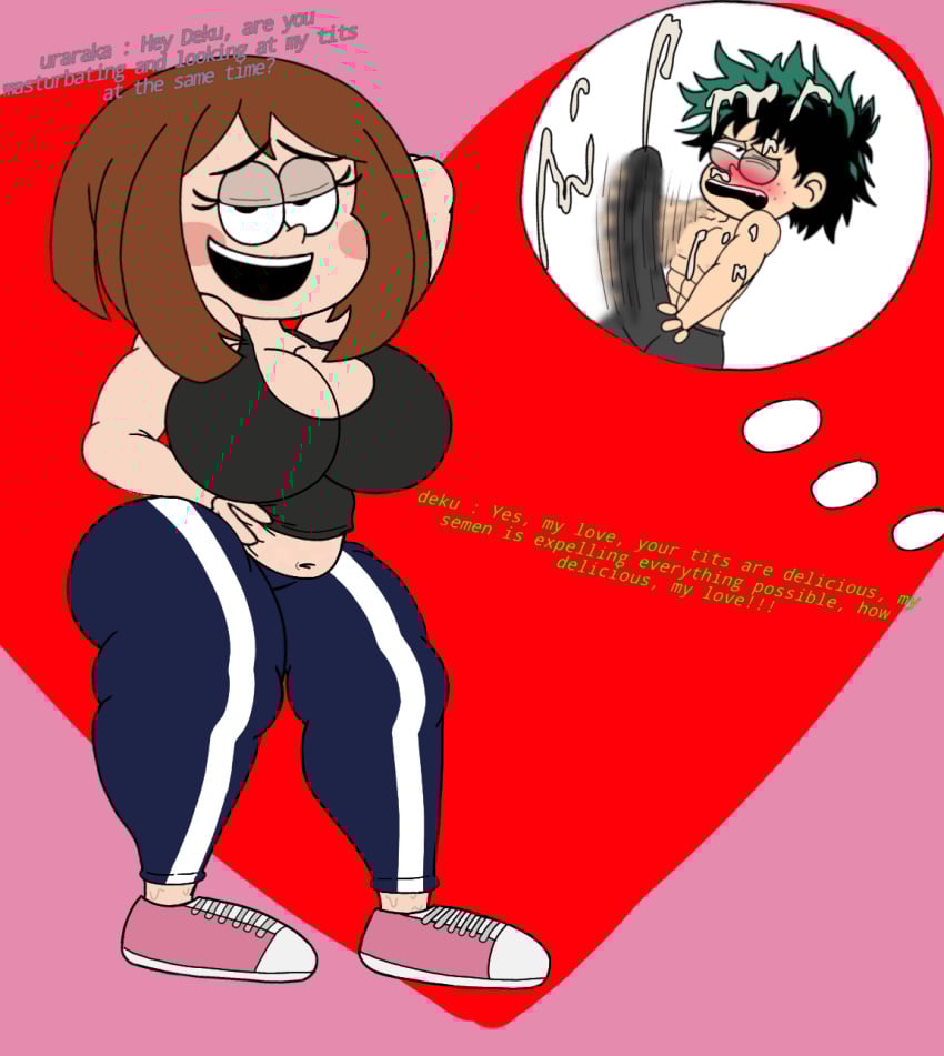 boyfriends breasts chubby_female cum cum_drip cum_dripping cum_explosion cum_on_face cum_outside cumming female_on_male green_hair green_hair_male izuku_midoriya male_on_female masturbating_cuck masturbation muscles muscular muscular_male my_hero_academia pleasure_face robin2024_(artist) seductive seductive_pose teenage_girl teenager uraraka_ochako