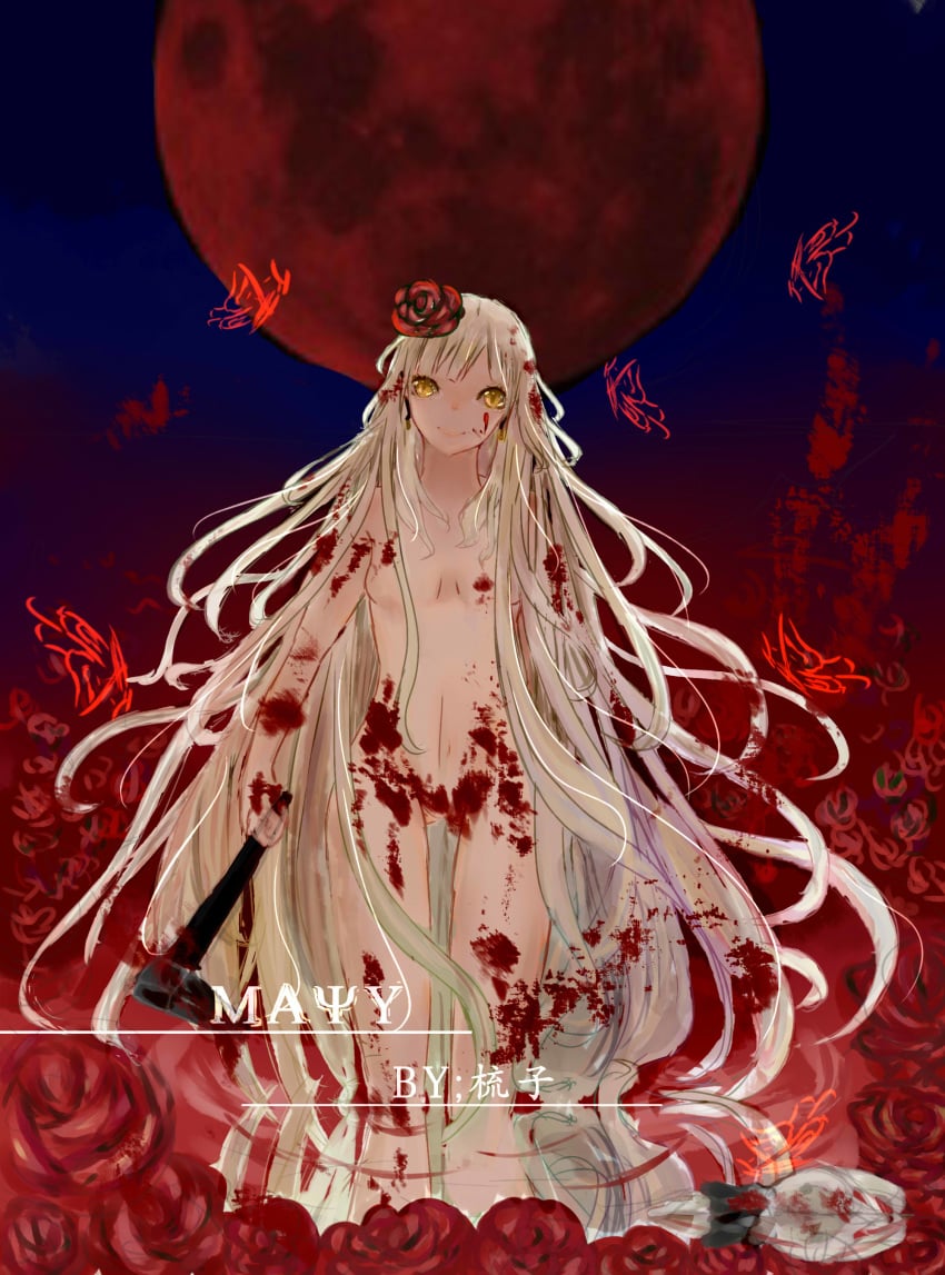 absurdly_long_hair absurdres artist_name axe bag blonde_hair blood blood_on_breasts blood_on_face blood_splatter bloody_hair character_name color earrings facing_viewer female female_only flower hair_flower hair_ornament head_tilt highres holding_weapon in_water jewelry long_hair looking_at_viewer mayu_(vocaloid) moon night nude red_moon reflection ripples rose severed_head small_breasts smile solo standing very_long_hair vocaloid water weapon yellow_eyes