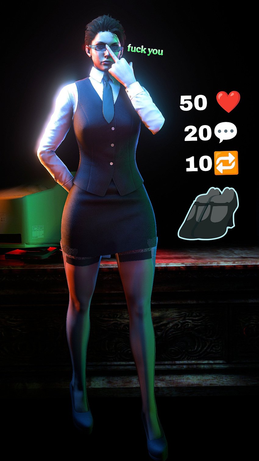 camera computer computer_monitor dress middle_finger pc_woman_(skibidi_toilet) posno_pop_(artist) rude shapeshifter_agent_(skibidi_toilet) skibidi_toilet source_filmmaker source_filmmaker_(artwork) strip_game table
