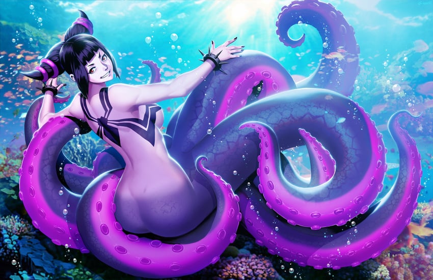 1girls 2021 alternate_species ass black_hair breasts capcom cecaelia cephalopod coleoid featureless_breasts female fish genzoman hair hi_res juri_han looking_at_viewer marine merfolk mollusk octopodiform red_eyes smile split_form street_fighter teeth tentacle underwater water