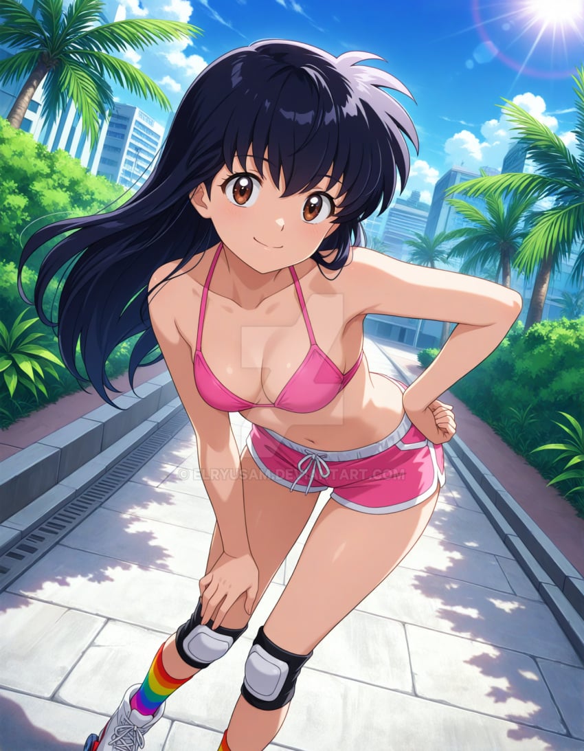 2025 ai_generated anime belly bikini_under_shorts black_eyebrows black_hair_female brown_eyes_female city_background closed_mouth closed_mouth_smile crunchyroll deviantart elryusam eyebrows_visible_through_hair hand_on_hip hand_on_leg inuyasha kagome_higurashi long_hair_female looking_at_viewer meta mouth_closed pink_bikini pink_shorts rainbow_socks smile_at_viewer smiling_at_viewer sports_legwear tummy white_shoes