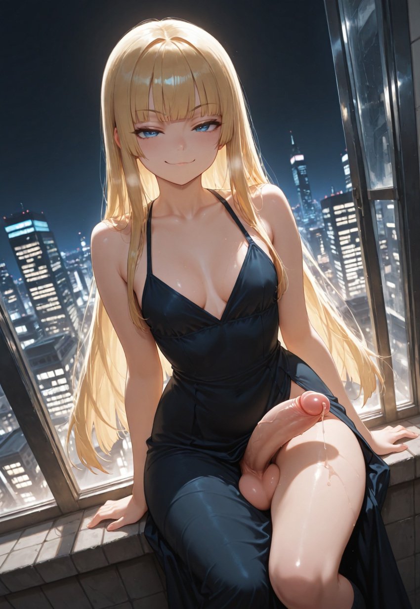 1futa ai_generated balls big_penis black_dress blonde_hair blue_eyes breasts cleavage cum dress dress_aside erection futa_only futanari hime_cut hime_girl_(jamesbron) intersex jamesbron large_penis long_hair looking_at_viewer night no_panties penis precum precum_drip sitting small_breasts smug solo solo_futa thighs wide_hips window