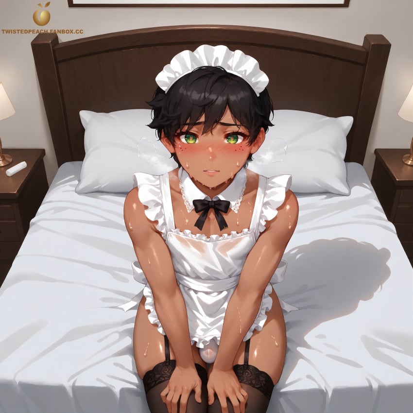 ai_generated blush blush blushing_at_viewer bowtie brown_hair bulge bulge_through_clothing crossdressing cute dark-skinned_male dark_skin effeminate embarrassed embarrassed_expression femboy feminine_male freckles freckles_on_face garter_belt garter_straps green_eyes lace-trimmed_thighhighs lace_trim maid maid_apron maid_headdress maid_outfit maid_uniform male male_only necktie oscar_pine otoko_no_ko otokonoko panties pose posing rwby shy sitting small_penis stockings sweat sweatdrop sweating sweaty tagme tan_body tan_skin thigh_highs thighhighs timid tomgirl twistedpeach