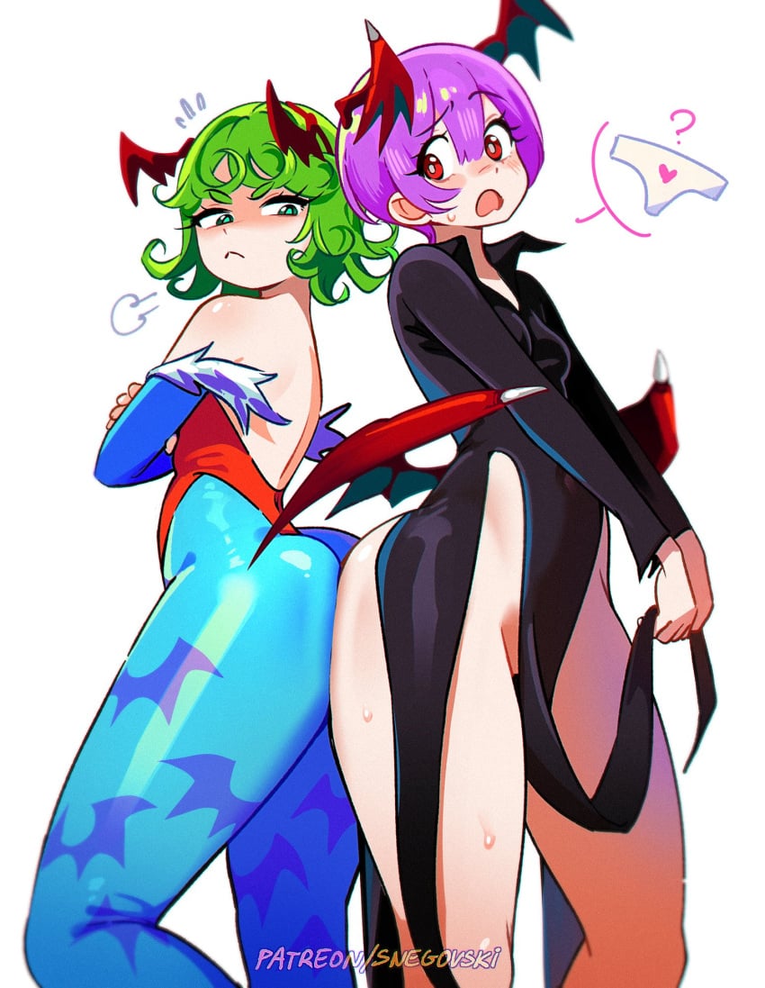 2girls ass ass_to_ass bat_print blue_pantyhose blush breasts capcom clothes_swap cosplay costume_switch crossover darkstalkers dress female female_only green_eyes green_hair head_wings hi_res leotard lilith_aensland lilith_aensland_(cosplay) multiple_girls no_panties no_panties_under_dress one-punch_man outfit_swap pantyhose purple_hair red_eyes small_breasts snegovski succubus succubus_wings tatsumaki tatsumaki_(cosplay) thick_ass thick_thighs trait_connection white_background wings