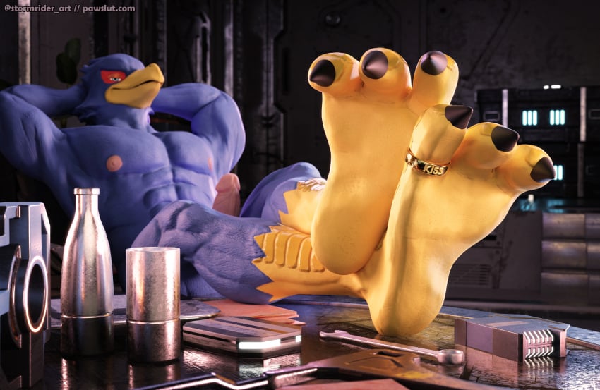 2025 3_toes 3d_(artwork) abs absurd_res avian avian_feet beak bird blender_(artwork) blue_body claws digit_ring digital_media_(artwork) erection falco_lombardi falcon falconid feet foot_focus foot_on_table furniture genitals hi_res humanoid_genitalia humanoid_penis inside jewelry looking_at_viewer muscular nintendo nipples nude paws penis pink_nipples pink_penis ring signature star_fox stormrider table talons text toe_ring toes url yellow_beak