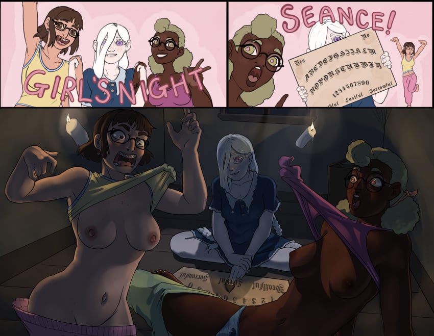 3girls blush breasts dark-skinned_female delilah_mourner ghost_hands ghosts humiliation izi_lambert lemonade_ghost oc original_characters ouija_board seance spooky vierra_cabello