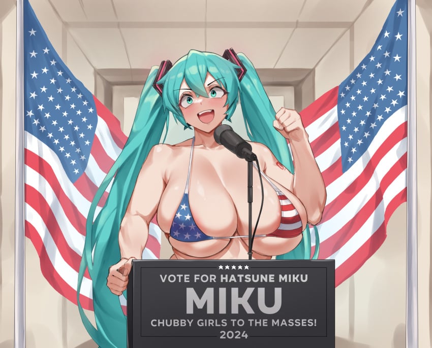 1girls american_flag american_flag_bikini big_breasts bikini blue_hair breasts chubby chubby_female election female female_only hatsune_miku long_hair microphone mustblove open_mouth open_smile podium president smile solo solo_female upper_body vocaloid