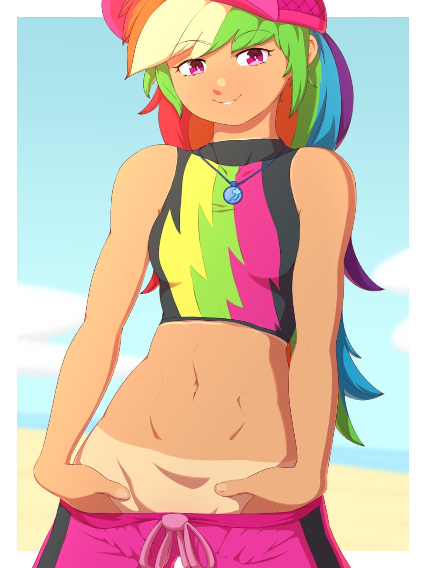 1girls bathing_suit beach equestria_girls female long_hair looking_at_viewer multicolored_hair my_little_pony no_panties rainbow_dash_(mlp) rainbow_hair red_eyes rockset tan_body tanline teasing undressing undressing_self