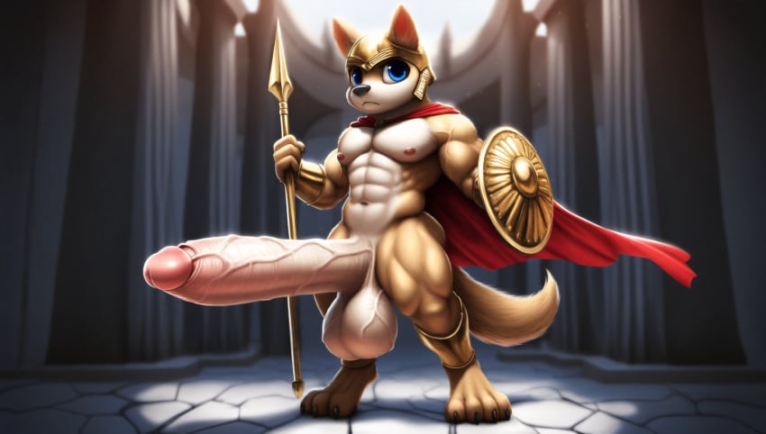 1boy abs ai_generated anthro anthro_only biceps big_eyes big_muscles bracers cape casual_boner clawed_toes cute_eyes cute_face digitigrade domestic_dog erection facing_viewer furry furry_only golden_armor guard helmet hyper hyper_balls hyper_penis leg_armor looking_forward male male_only manly muscular muscular_anthro muscular_male nai_diffusion naked naked_armor nude pectorals proud_of_his_cock roman roman_empire roman_helmet serious_look shameless shield soldier solo spear standing useless_armor veiny_penis veiny_testicles young