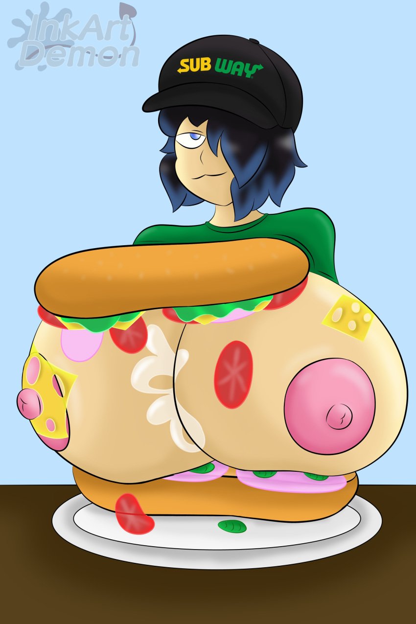 big_breasts boob_burger bread busty_boy cheese cody_(bigb00baboi) food_play ham inkartistdemon looking_at_viewer mayonnaise sandwich sub_sandwich subway_(franchise) subway_uniform your_order_is_ready_(meme)