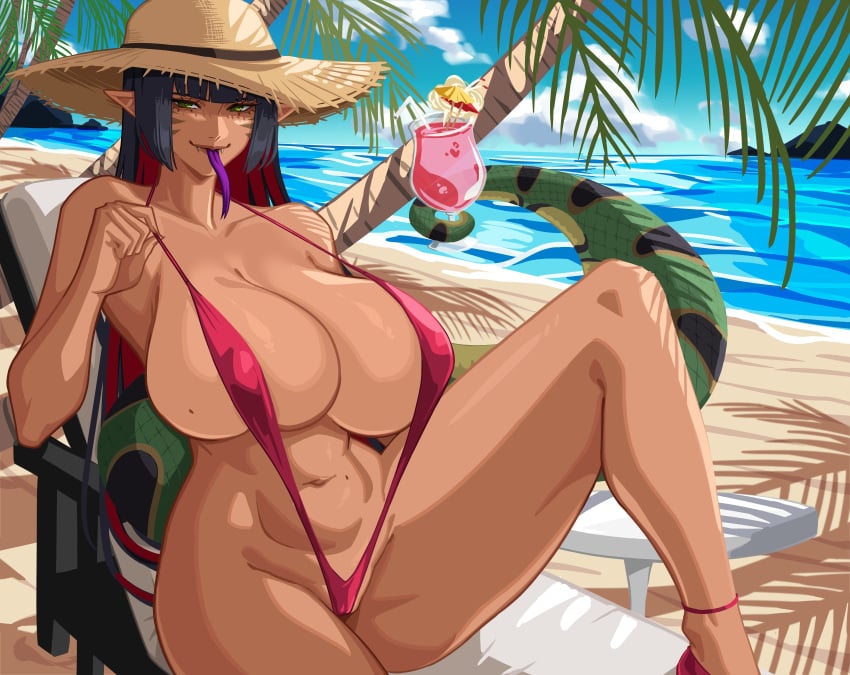 1girls 2024 alecto_0 beach beach_chair bent_leg big_breasts blue_hair detailed_background drinking_glass fangs female female_only green_eyes holding_with_tail long_hair long_tongue looking_at_viewer mole mole_on_breast mole_on_stomach pointy_ears purple_tongue red_hair sabrina_(chocolatel1zard) seaside sitting sling_bikini slingshot_swimsuit smiling smiling_at_viewer snake_girl snake_tail solo straw_hat tail thick_thighs tongue_out two_tone_hair very_high_resolution