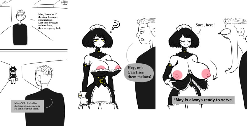 1boy 1girls ? awooga belt big_areola big_areolae big_breasts big_nipples breast_awe breasts breasts_out bulging_eyes comic dialogue exposed_breasts exposing_breasts female flashing flashing_breasts fuenteder gaping_mouth happy maid_headdress maid_uniform male misunderstanding nipples pink_areola pink_areolae pink_nipples presenting presenting_breasts proud short_hair showing_breasts text