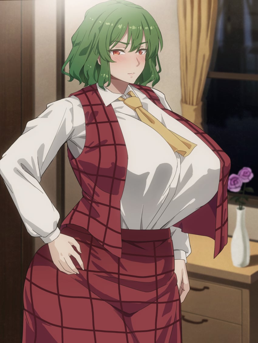 big_breasts blush breasts breasts_bigger_than_head clothed clothed_female female female_focus female_only green_hair huge_breasts inui_(shirakawa777) inui_cg kazami_yuuka light-skinned_female light_skin red_eyes short_hair solo solo_female solo_focus touhou touhou_project video_game_character youkai yuka_kazami yuuka_kazami