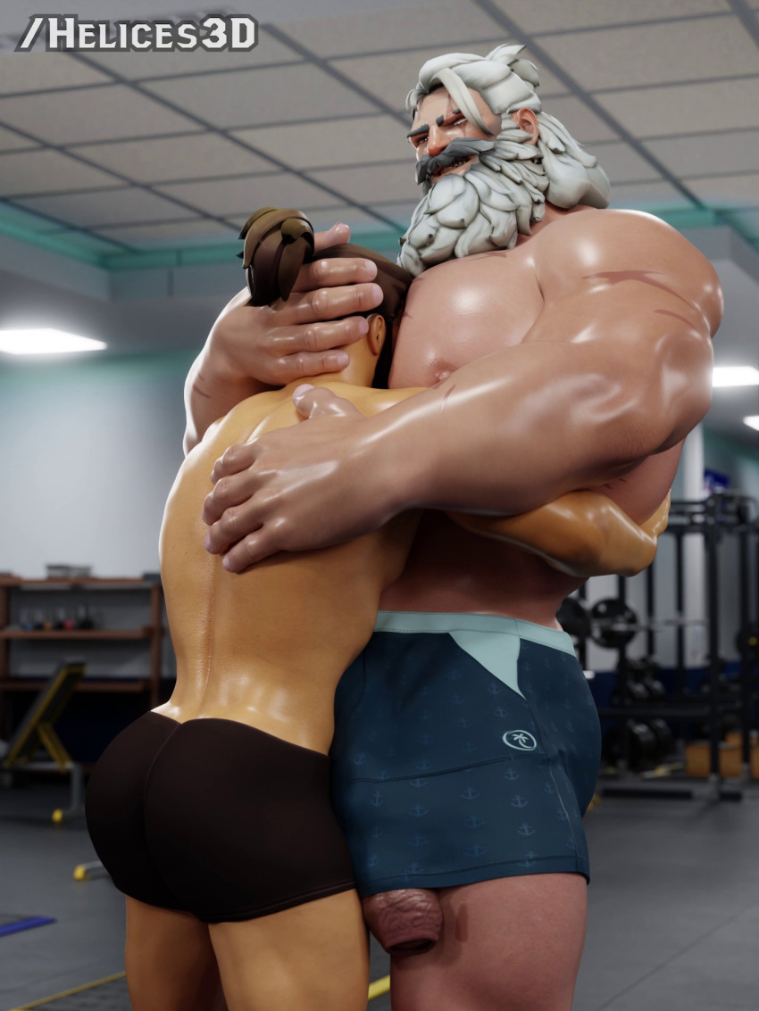 2boys ass bara bara_ass bara_tiddies bara_tits barazoku beard big_ass black_shorts blue_shorts boob_smothering face_smothering gay gym gym_clothes gym_shorts hanzo hanzo_shimada helices3d hugging light-skinned_male light_skin long_hair long_hair_male male male/male male_only mature mature_male muscular muscular_male old_man older_male overwatch overwatch_2 pec_smothering penis penis_peek penis_peeking penis_visible_through_clothing reinhardt reinhardt_wilhelm shiny_skin short_shorts size_difference thick_ass thick_thighs uncircumcised uncut underwear unretracted_foreskin white_hair