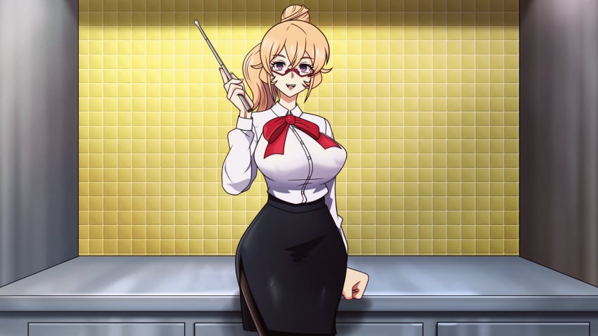 alternate_costume alternate_hairstyle animated black_pantyhose blonde_hair dress female_only glasses hair_between_eyes laceysx laceyxitzal large_breasts nakiri_erina pantyhose ponytail purple_eyes shokugeki_no_souma solo_focus teacher_outfit thick_thighs thighs uncensored wide_hips