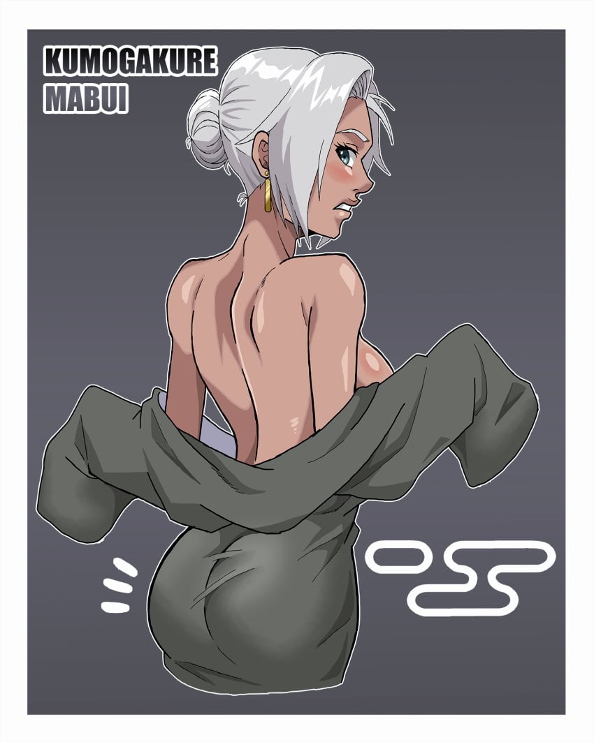 1girls ass back bare_shoulders blue_eyes blush border breasts character_name clothing dark-skinned_female dark_skin dress earrings female female_only from_behind grey_background grey_hair hair_bun high_resolution jewelry large_breasts long_sleeves looking_at_viewer looking_back mabui naruto naruto_shippuden parted_lips schlumper short_hair sideboob silver_hair single_hair_bun sleeves_past_fingers sleeves_past_wrists solo tied_hair undressing white_hair