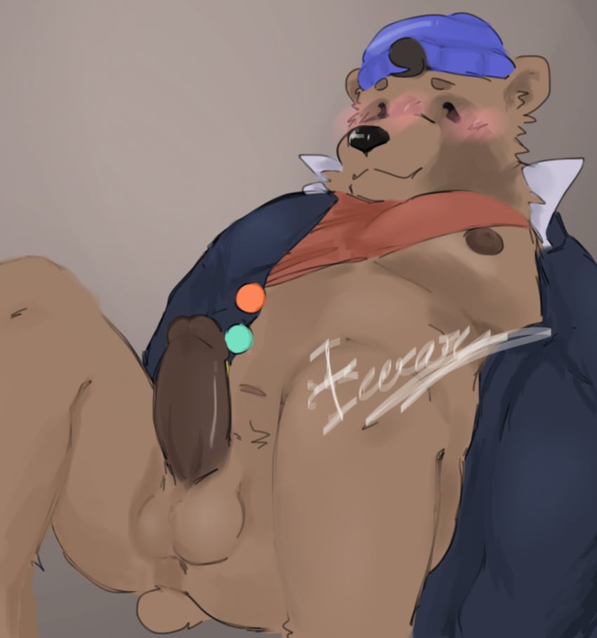 1boy anthro ass balls beanie bear bee_swarm_simulator blush bottomless bottomless_anthro bottomless_male brown_body brown_fur clothed clothing clothing_lift cock dapper_bear_(bee_swarm_simulator) fur genitals glistening glistening_genitalia hat head_tuft headgear headwear hi_res icerary jacket male male_only mammal moobs nipples open_clothing open_jacket open_topwear penis presenting presenting_balls presenting_hindquarters presenting_penis red_clothing red_shirt red_topwear roblox roblox_game self_upload shirt shirt_lift simple_background sitting slightly_chubby slightly_chubby_male solo solo_focus topwear tuft