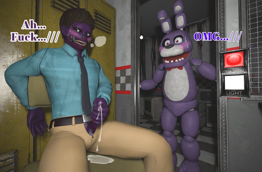 3d bonnie_(fnaf) chair cock cum cuming five_nights_at_freddy's gay male male_only masturbation michael_afton omg penis_stimulation purple_body purple_cock purple_penis purple_skin source_filmmaker text yuuki_momofox