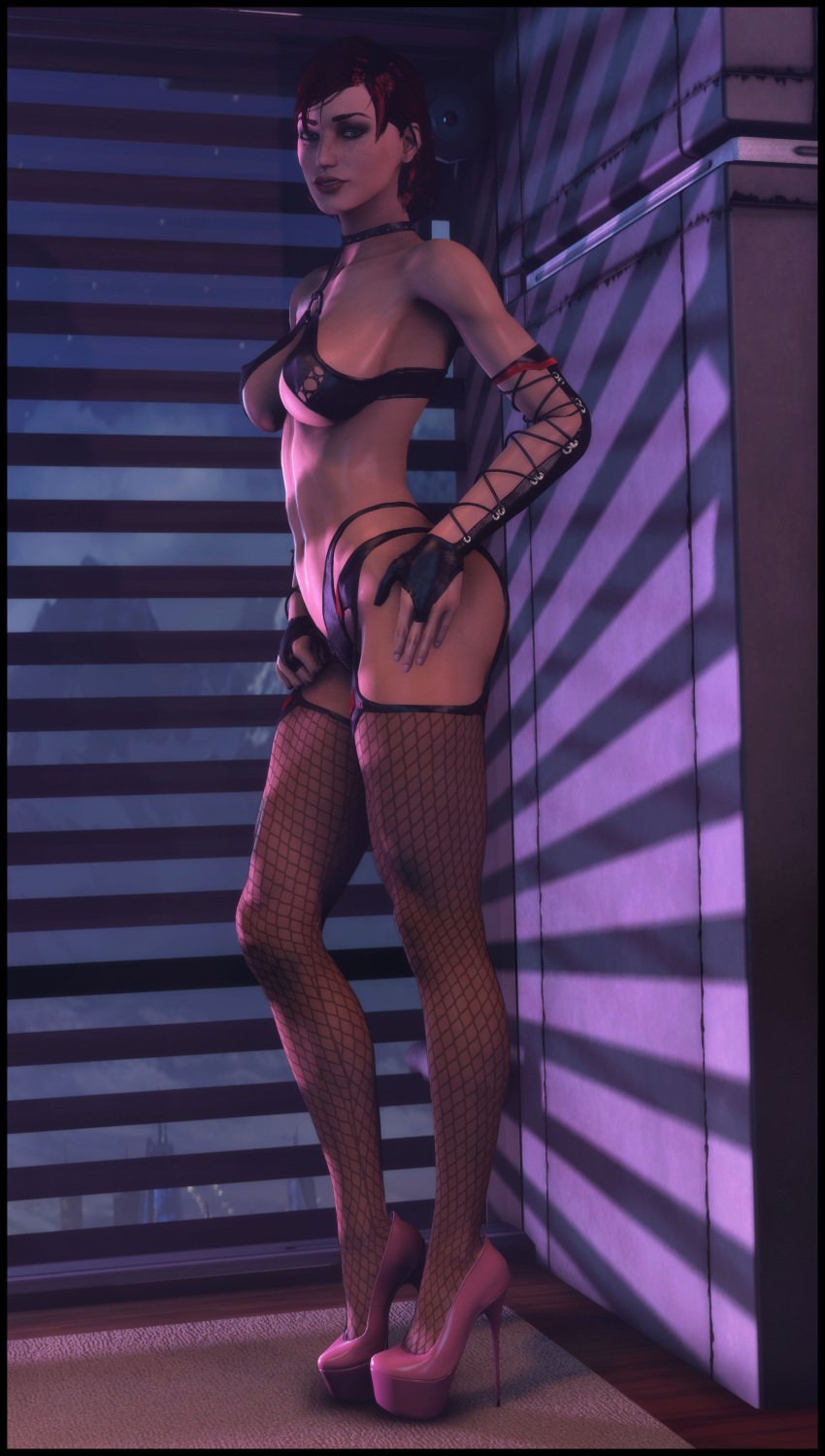 3d 3d_(artwork) bioware commander_shepard female female_focus female_only femshep fetish_wear fishnets foab30 high_heels jane_shepard leather lingerie lingerie_only mass_effect stiletto_heels very_high_heels