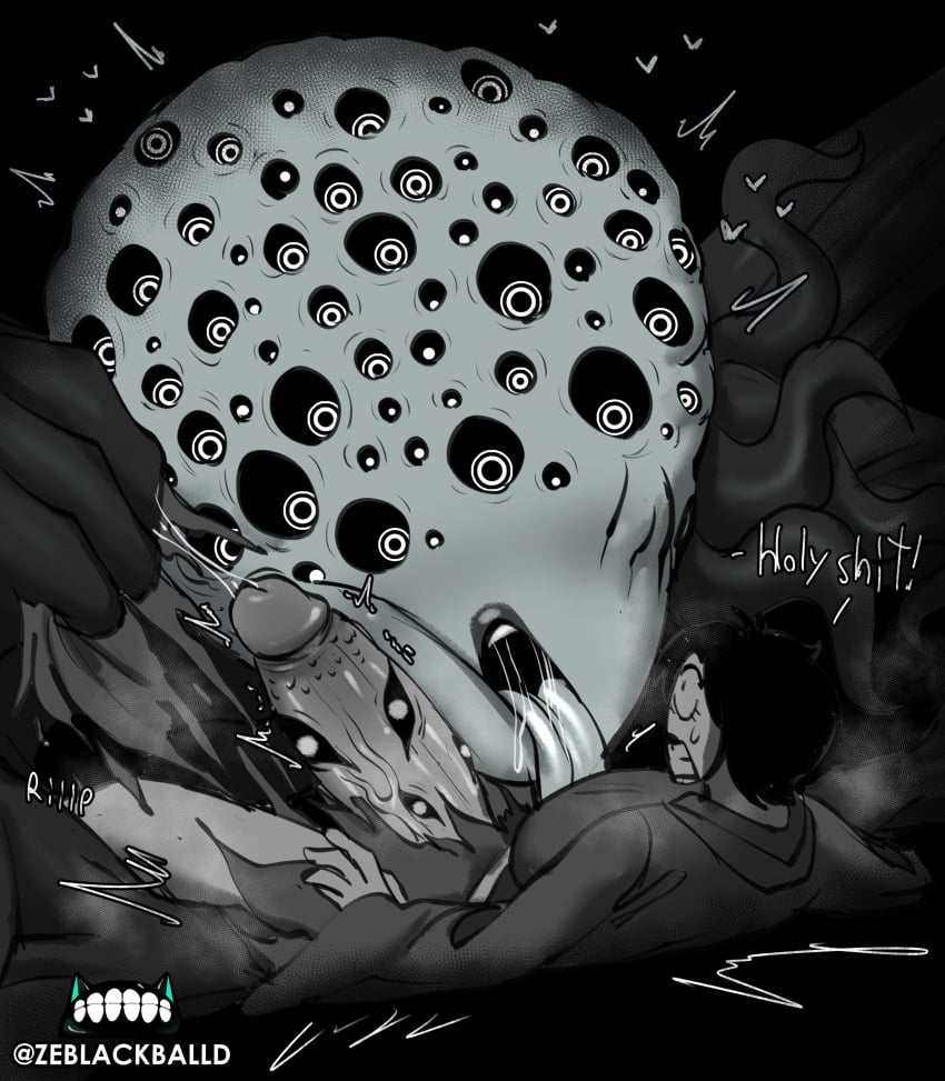 1boy 1futa alien alien_femboy comic dialogue eldritch_abomination eldritch_horror english_text eyes_on_penis femboy futanari goth goth_girl huge_balls huge_cock hyper_penis imminent_oral imminent_sex long_tongue male monochrome monster monster_femboy multi_arm multi_eye multi_limb nightmare_husbando ripped_clothing ripping_clothing self_upload size_difference size_play tentacle_hair teratophilia text the_baptist_(zeblackballd) trypophobia ze_blackball.d zeblackballd_(artist)