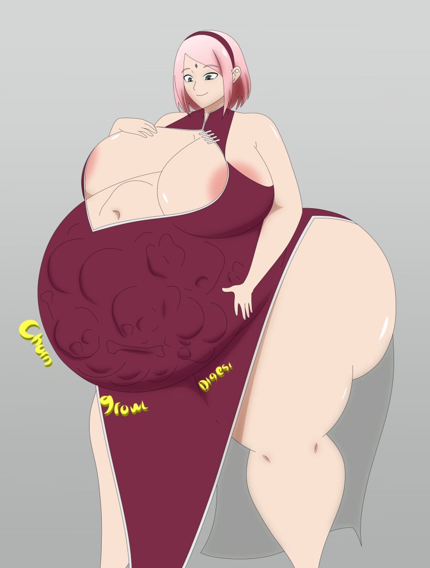 1girls damnitshuge digestion fat female female_pred huge_belly large_breasts light_skin multiple_prey naruto obese pink_hair sakura_haruno solo vore