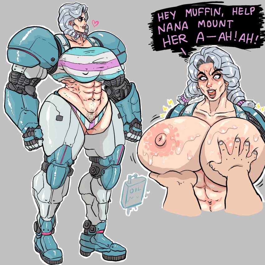 1girls amputee areolae cyborg_girl cyborhag female gilf grey_hair hag huge_breasts large_areolae lewdbeef mechanical_arm musclegirl muscular muscular_female older_female quadruple_amputee