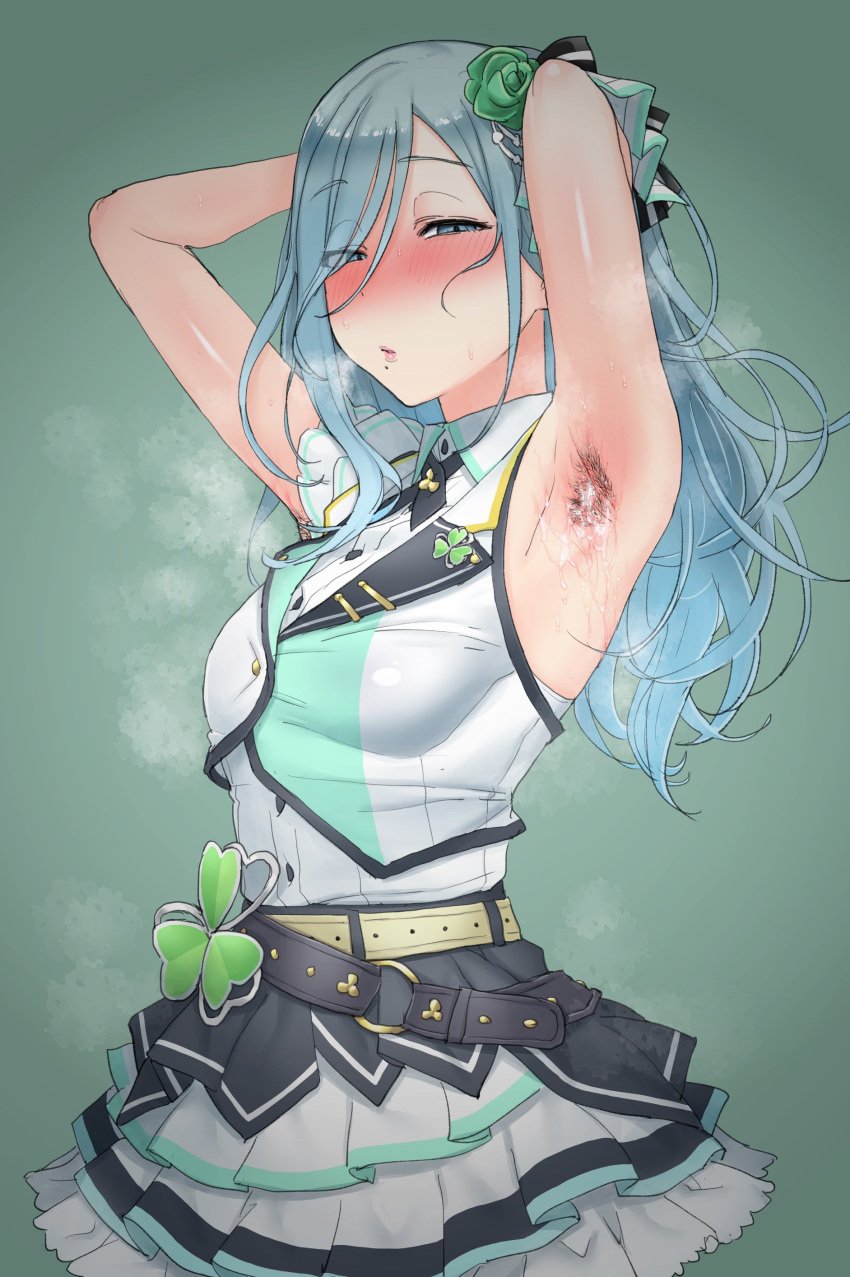 absurdres akkgsyk armpit_focus armpit_hair armpits arms_behind_head blue_eyes blue_hair blush breasts clover cowboy_shot cum cum_on_armpits cum_on_body female female_armpit_hair frilled_skirt frills gradient_background green_background hair_between_eyes hair_ornament hair_over_one_eye hairy_armpits half-closed_eyes heavy_breathing highres hinomori_shizuku idol idol_clothes light_blue_hair long_hair looking_at_viewer miniskirt mole mole_under_mouth multicolored_clothes multicolored_skirt parted_lips pleated_skirt project_sekai shiny_skin sidelocks skirt sleeveless small_breasts solo standing steaming_body