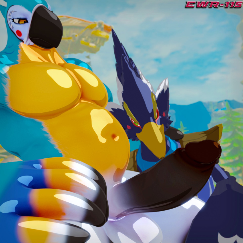 1:1 avian balls belly big_penis breath_of_the_wild duo ewr_115 genitals hi_res kass_(tloz) kass_(zelda) male male/male nintendo pecs penis revali rito the_legend_of_zelda