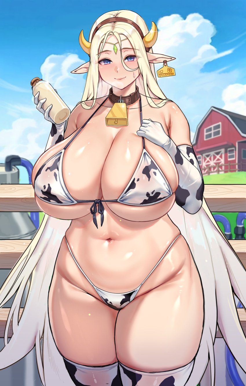 1girls armwear big_breasts bikini blonde_hair blue_eyes breasts cerestia_of_life cleavage clothing cor369 cow_print elf_ears farm female female_only forehead_jewel hair huge_breasts large_breasts last_origin long_hair mature mature_female mature_woman milf pointy_ears solo solo_female voluptuous