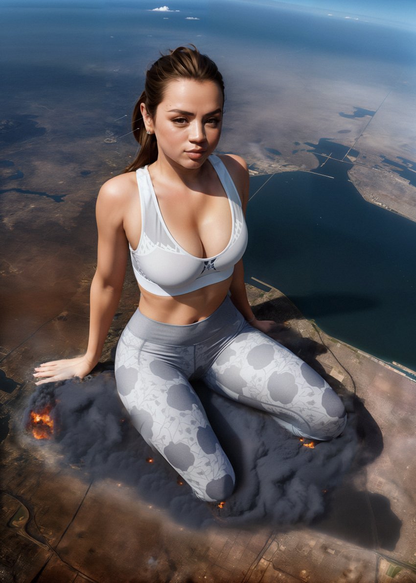 1girls ai_generated airplane big_breasts breasts brown_eyes brown_hair brown_hair brown_hair_female brunette_hair destruction female female_focus female_only giant_female giant_woman giantess giga_giantess light-skinned_female light_skin looking_at_viewer looking_up looking_up_at_viewer macro macro_female outside smoke solo solo_female solo_focus tank_top white_tank_top